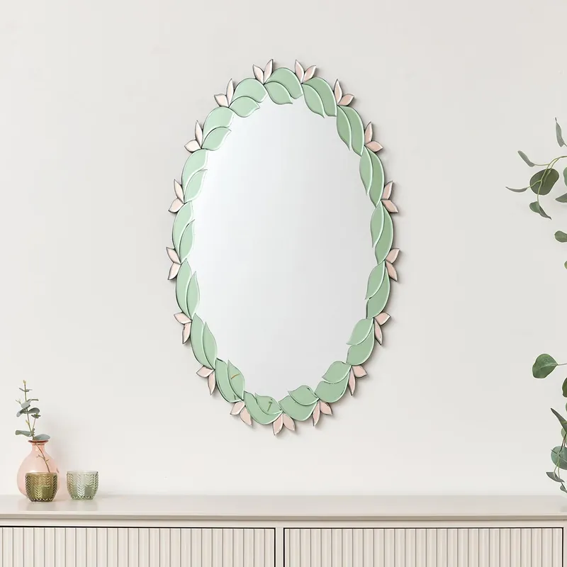 Pink & Green Oval Floral Art Deco Wall Mirror 80cm X 49cm - Melody Maison