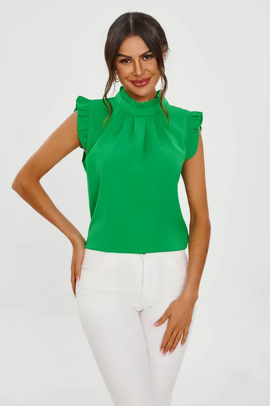 Frill Trim Sleeve High Neck Blouse Top In Light Green - FS Collection