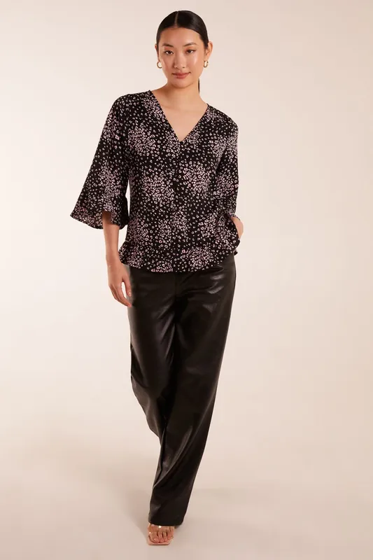 Button Front V Neck Flounce Blouse - Blue Vanilla