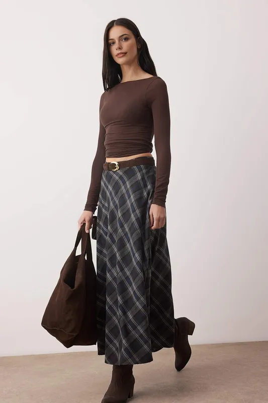 Check Woven Flared Maxi Skirt - WOVCOR