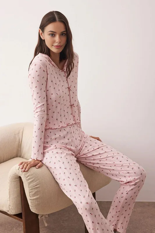 Floral Print Cotton Knit Pajama 2-Piece Set With Bow Detail