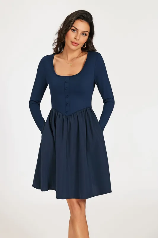 Square Neck Button Detail Long Sleeve Mini Dress - FS Collection