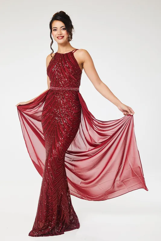 Wine Halterneck Sequin Maxi Dress with Detachable Skirt - LuvForever Fashion