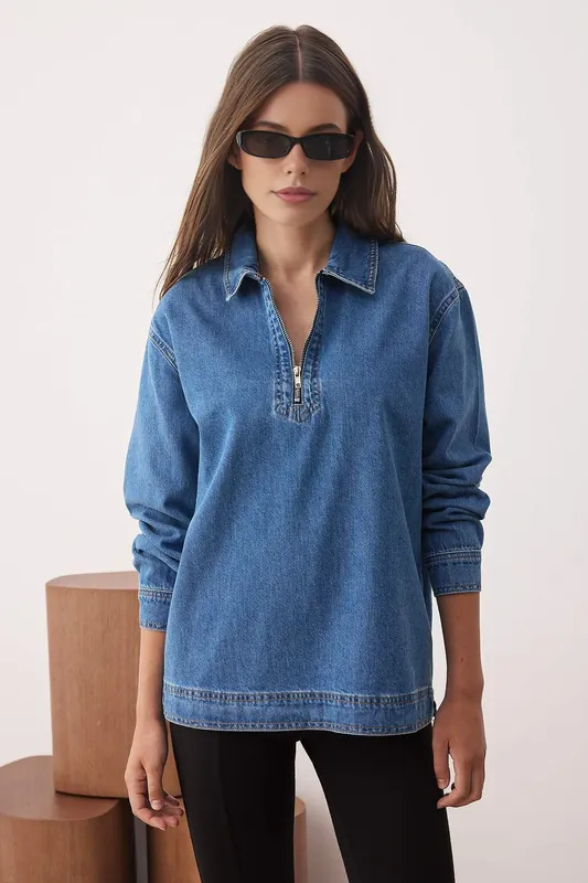 Zip Detail Relaxed Fit Denim Shirt - WOVCOR