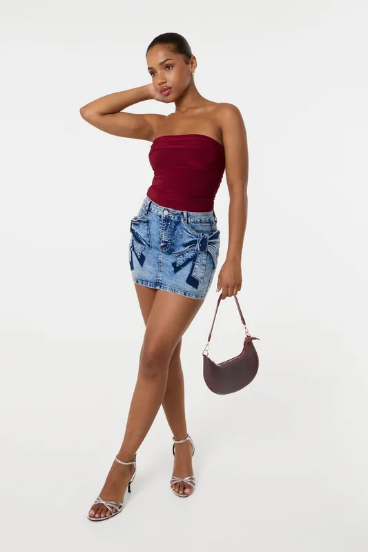 Light Blue Diamante Bow Denim Mini Skirt - Pink Vanilla