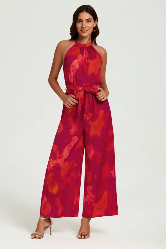 Abstract Print Halter Neck Jumpsuit In Red - FS Collection