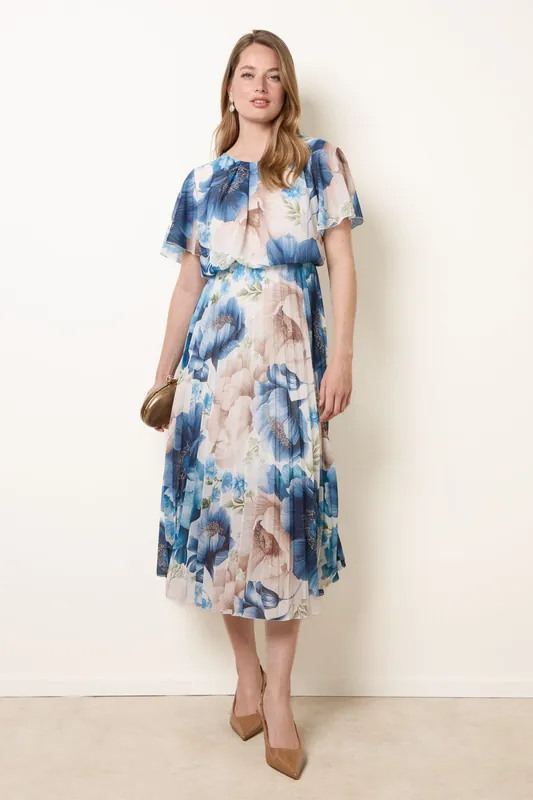 Blue Pleated Scoop Neck Short Sleeve Floral Dress - Blue Vanilla