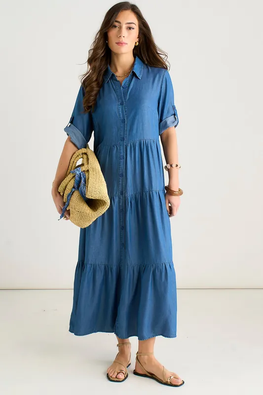 Blue Button Front Chambray Midaxi Shirt Dress - Gini London