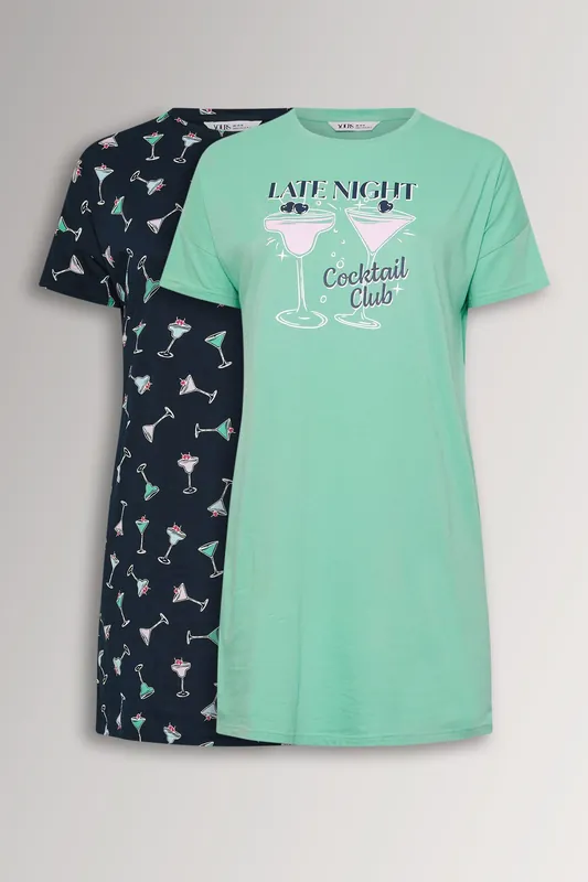2 Pack Cocktail Print Sleep Tee Nightdresses - Yours