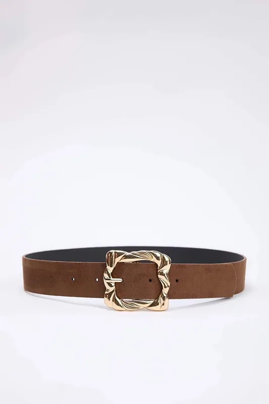 Gold Tone Square Buckle Faux Suede Waist Belt - WOVCOR