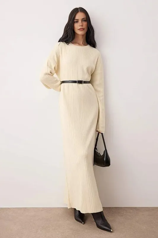 Belted Ribbed Knit Maxi Dress - WOVCOR