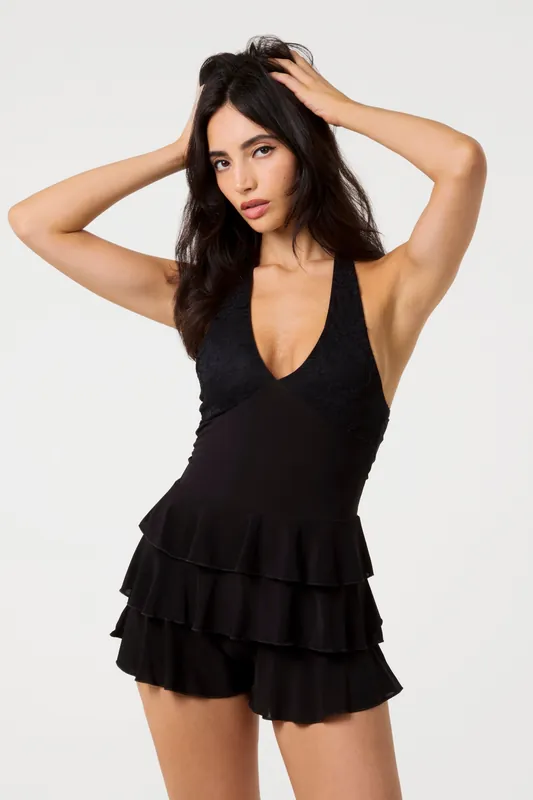 Black Lace Ruffle Playsuit - Pink Vanilla