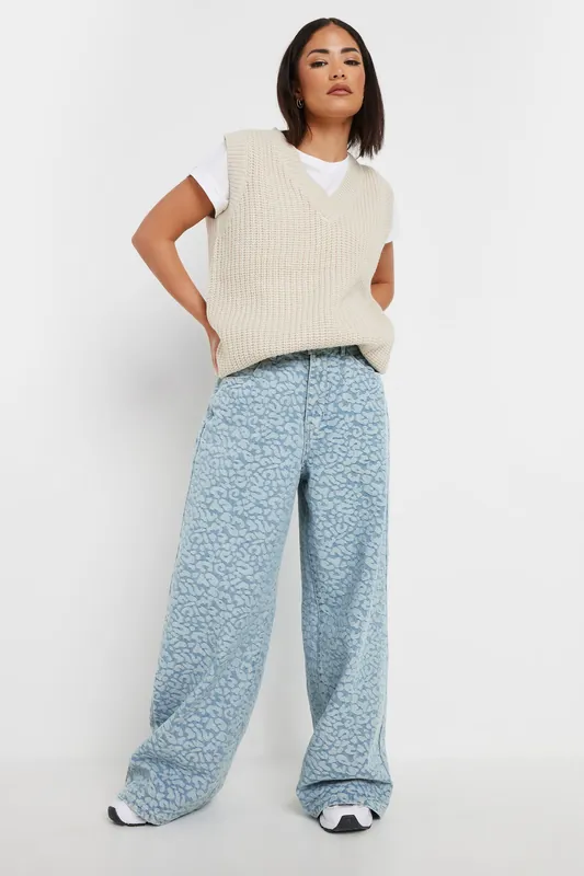 Petite Denim Leopard Wide Leg Jeans - PixieGirl