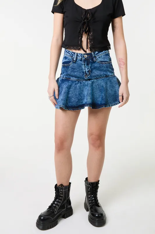 Light Blue Flippy Denim Mini Skirt With Shorts - Pink Vanilla