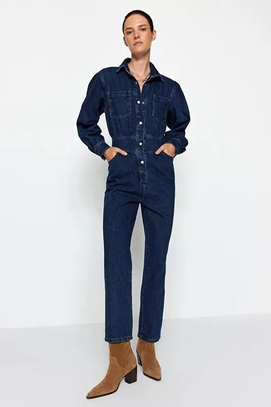 Button Front Collared Balloon Sleeve Denim Boilersuit - WOVCOR