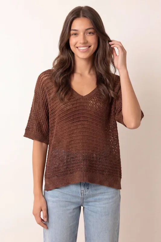 Brown Metallic Crochet V Neck Top - Blue Vanilla