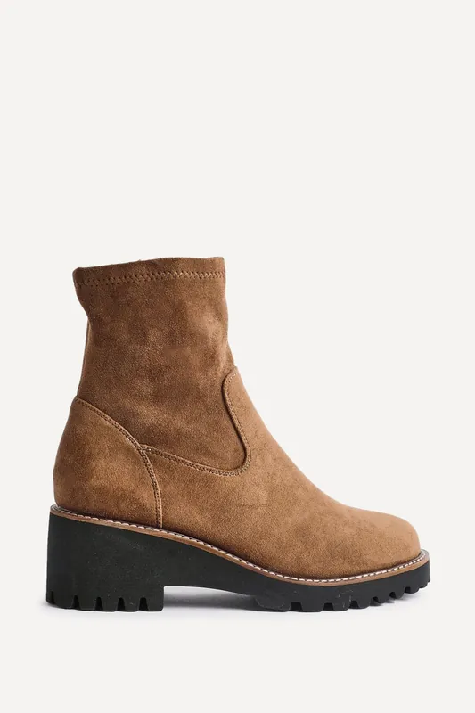 Trish Sand Faux Suede Wedged Heel Ankle Boot - Linzi
