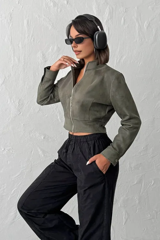 Faux Suede Zip Front Cropped Jacket - WOVCOR