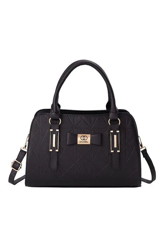Geometric Textured Top Handle Bag with Decorative Bow - MODISHION