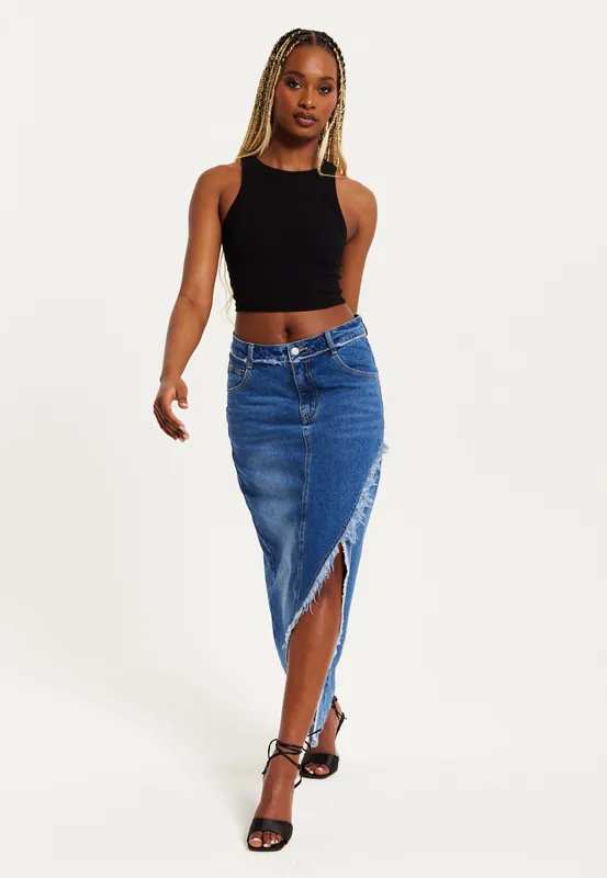 Blue Wrap Front Midi Denim Skirt - Liquorish