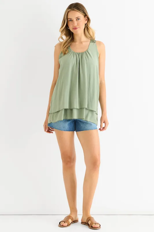 Khaki Crochet Panel Double Layer Long Top - Gini London