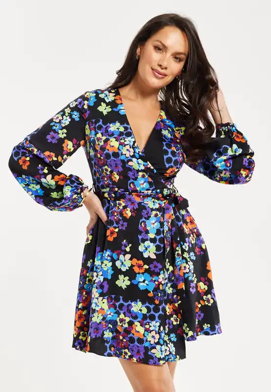 Speckle Floral Print Mini Wrap Dress - Liquorish
