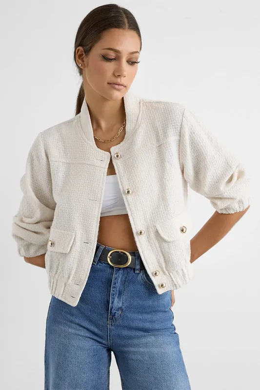 Tweed Round Neck Jacket with a Pocket Detail - Hiccup