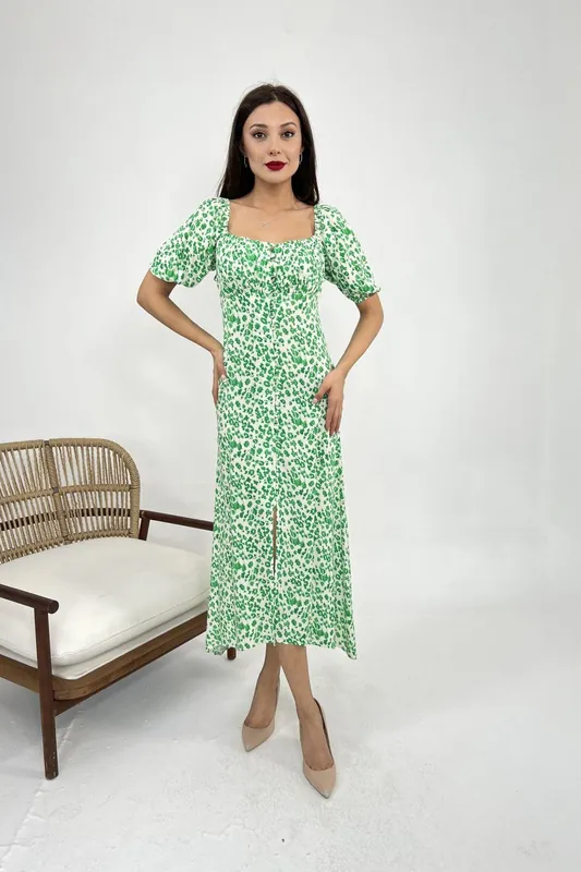 Patterned Midi Dress with Square Collar - Janes