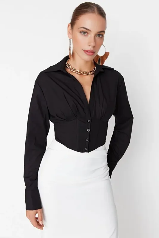 Crop Woven Poplin Shirt With Corset Back Detail - WOVCOR