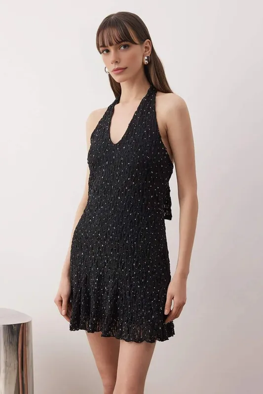 Embellished Halterneck Lace Mini Dress - WOVCOR