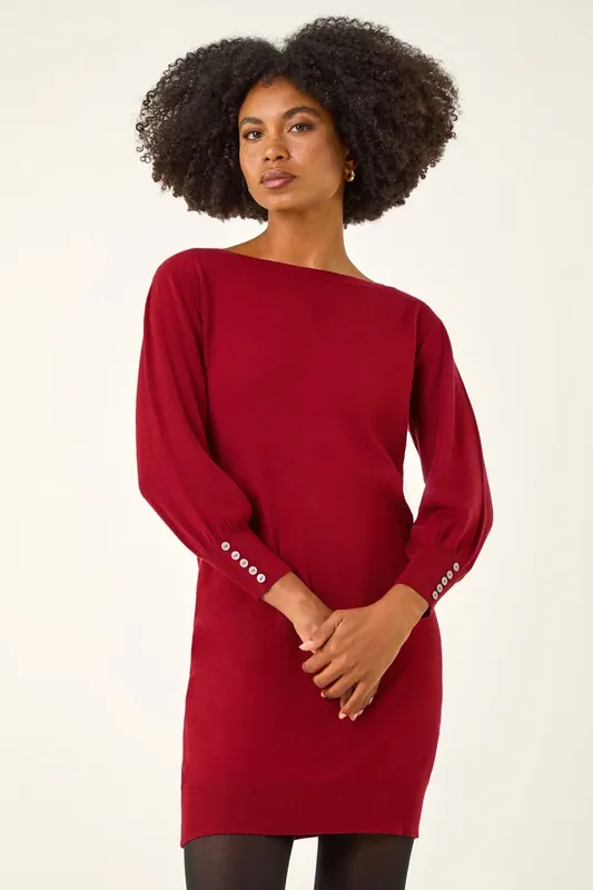 Button Detail Slash Neck Knitted Stretch Dress - Roman