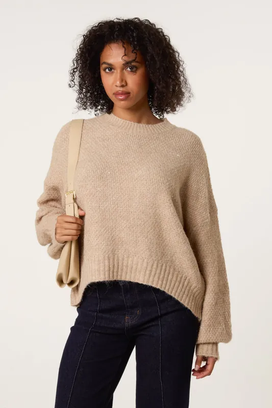 Beige Round Neck Sequin Detailed Jumper - Blue Vanilla
