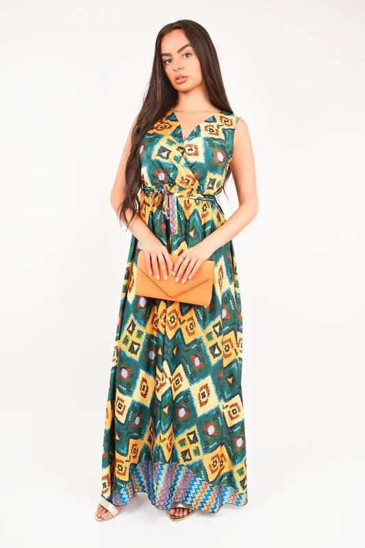 Nalani V Neck Sleeveless Maxi Dress With Tie Waist - IKRUSH