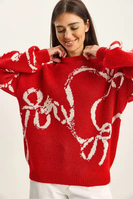 Oversized Crew Neck Printed Knit Sweater - Bianco Lucci