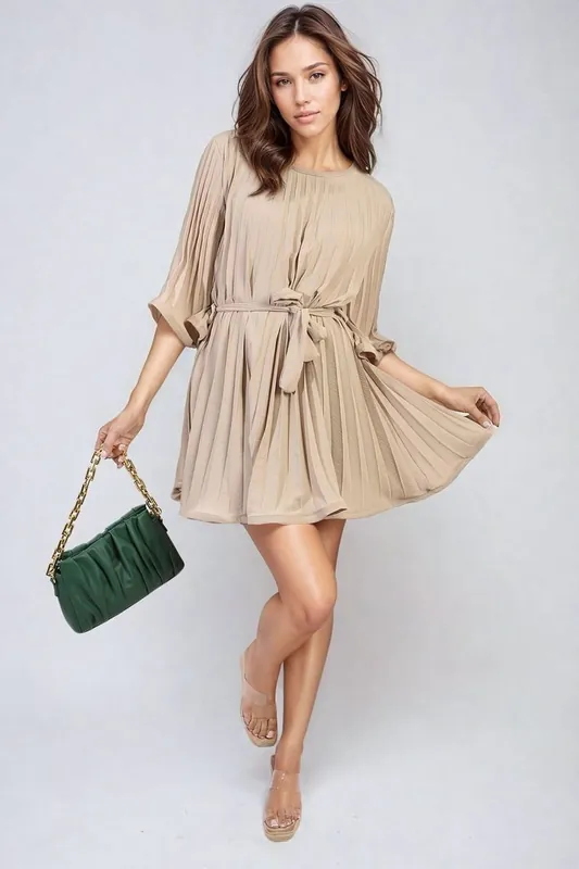Carmen Pleated Tie Waist Mini Dress - IKRUSH