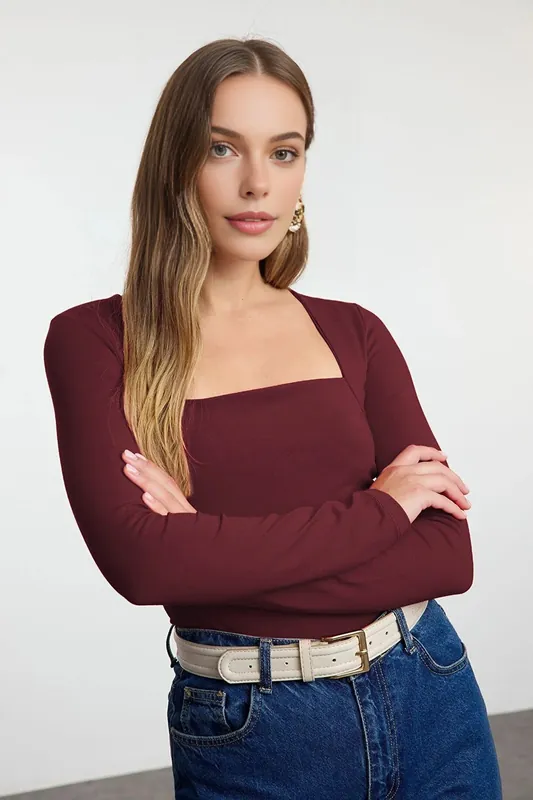 Square Neck Draped Detailed Fitted Knit Blouse - WOVCOR