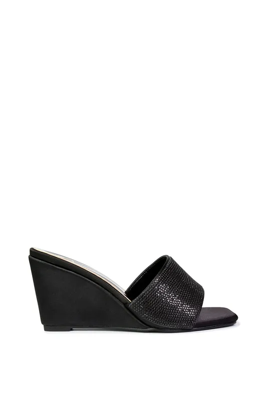 Eliza' Slip On Mule Diamante Sandal Wedge Heels With Square Toe - XY London