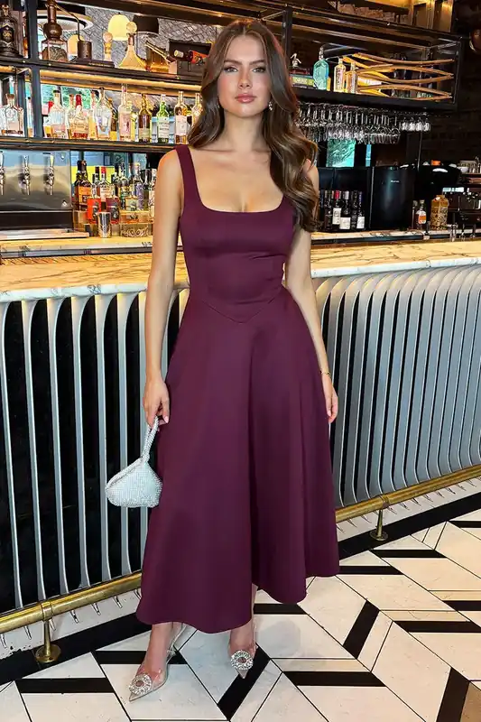 Plum Square Neck A-line Midi Dress