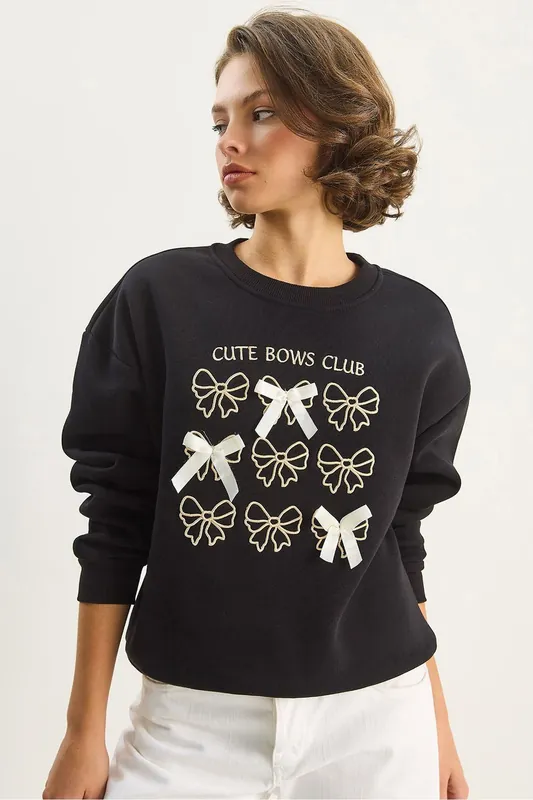 Ribbed Printed Crew Neck Long Sleeve Sweatshirt - Bianco Lucci