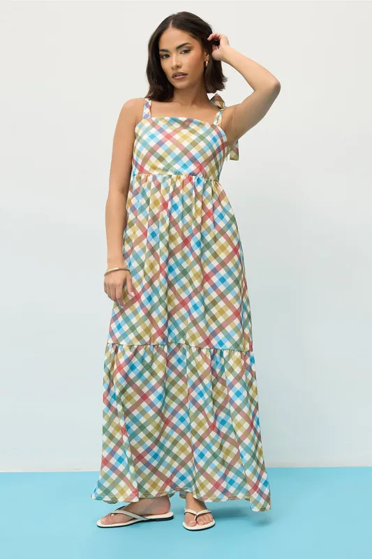 Petite Gingham Tie Shoulder Maxi Dress - PixieGirl