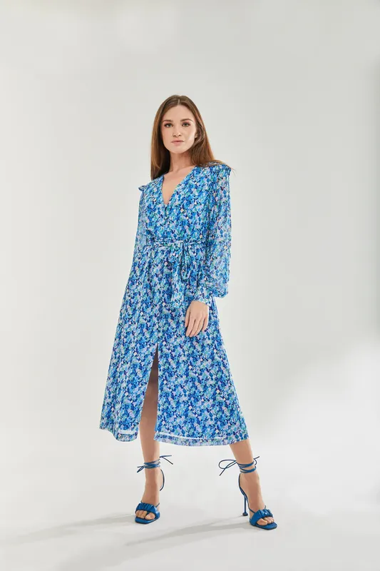 Floral & Foil Print Midi Dress In Blue - Liquorish
