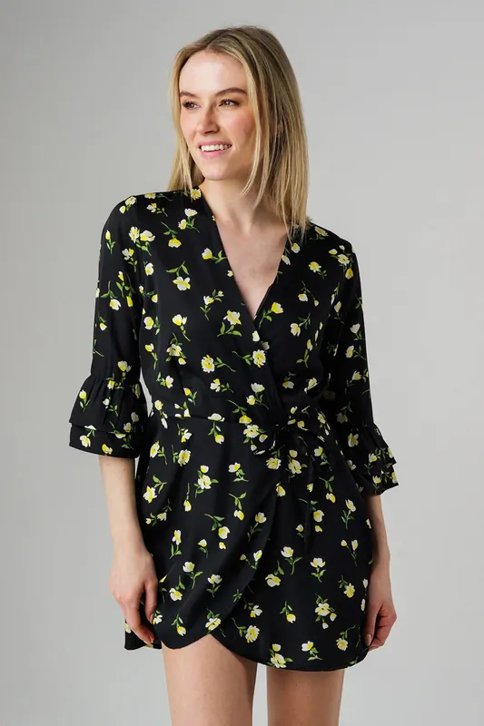Floral Print Frill Sleeve Wrap Mini Dress - Wednesday's Girl