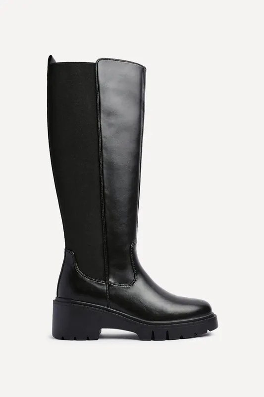 Hyland Black Faux Leather High Leg Wedge Boot - Linzi
