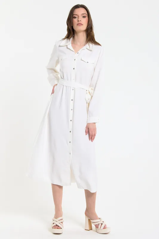 Cream Belted Midi Shirt Dress - Liquorish