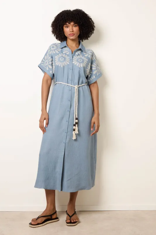 Blue Floral Cutwork Embroidery Dress - Blue Vanilla
