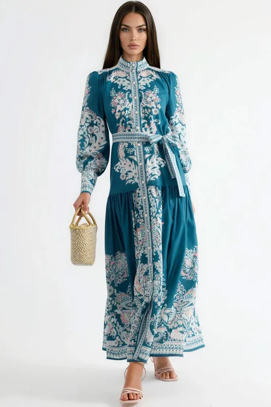 Maxi Dress with Mandarin Collar and Belt - MSN Collection
