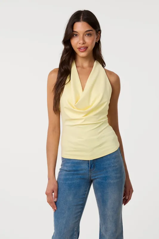 Lemon Halterneck Cowl Soft Stretch Top - Pink Vanilla