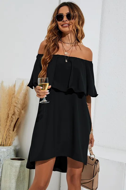 Bardot Frill Off Shoulder Mini Dress In Black - FS Collection