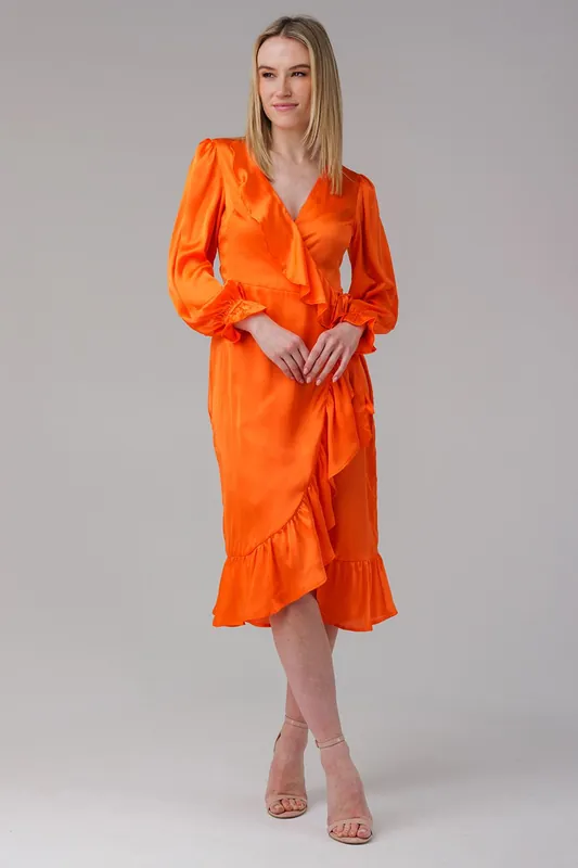Wrap Frill Long Sleeve V-Neck Midi Dress