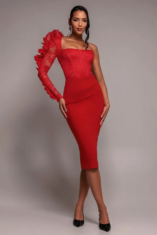 One Shoulder Organza Fan Detail Lace Bodice Midi Dress - Goddiva